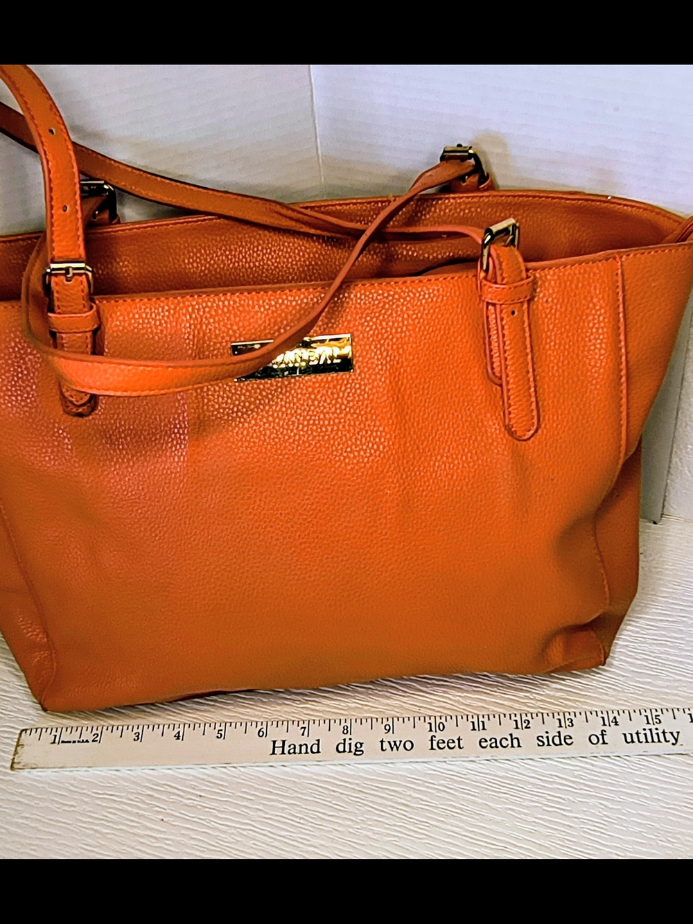 Women's Orange Pebbled Leather Tote with Gold Accent